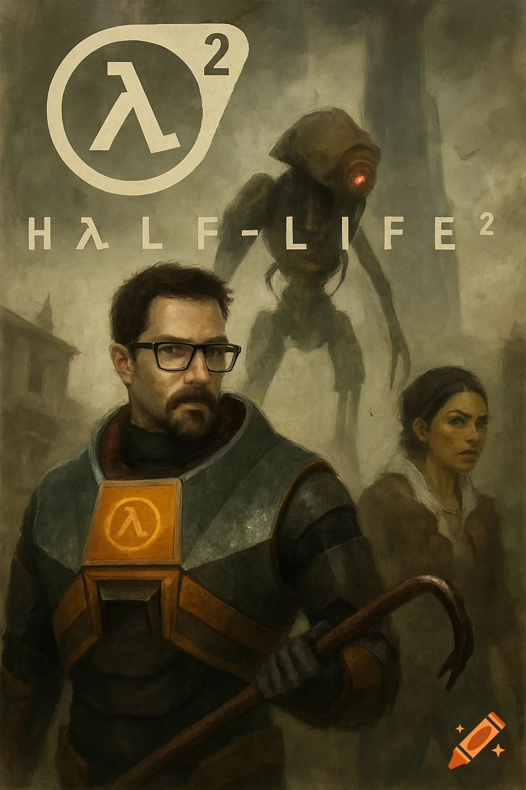A stylized poster for Half-Life 2, featuring Gordon Freeman in his HEV suit with a crowbar, Alyx Vance, and a Stalker, with the game's logo.