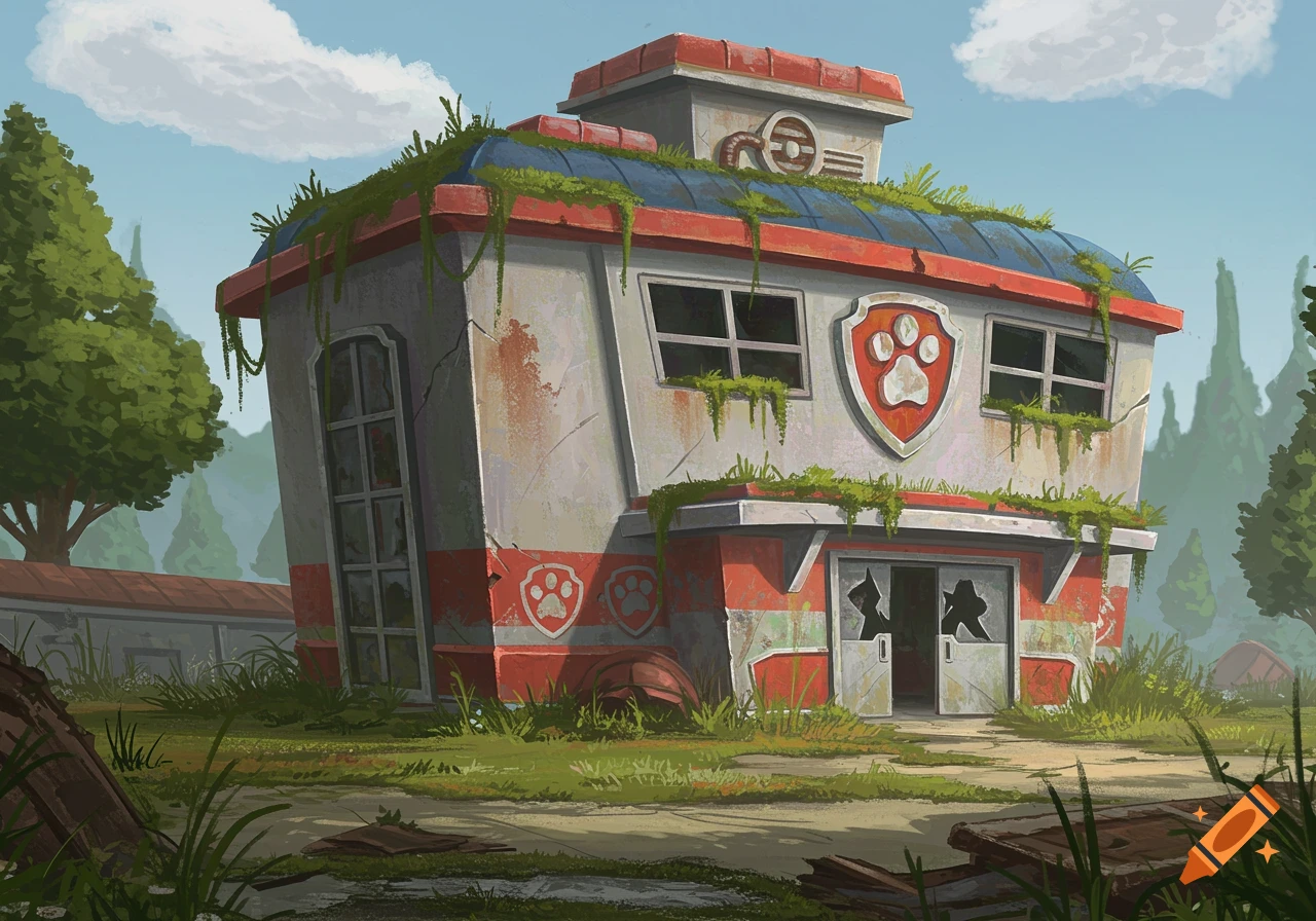 An overgrown, dilapidated building with a paw print logo, resembling the abandoned Paw Patrol lookout, set against a cloudy sky and trees.