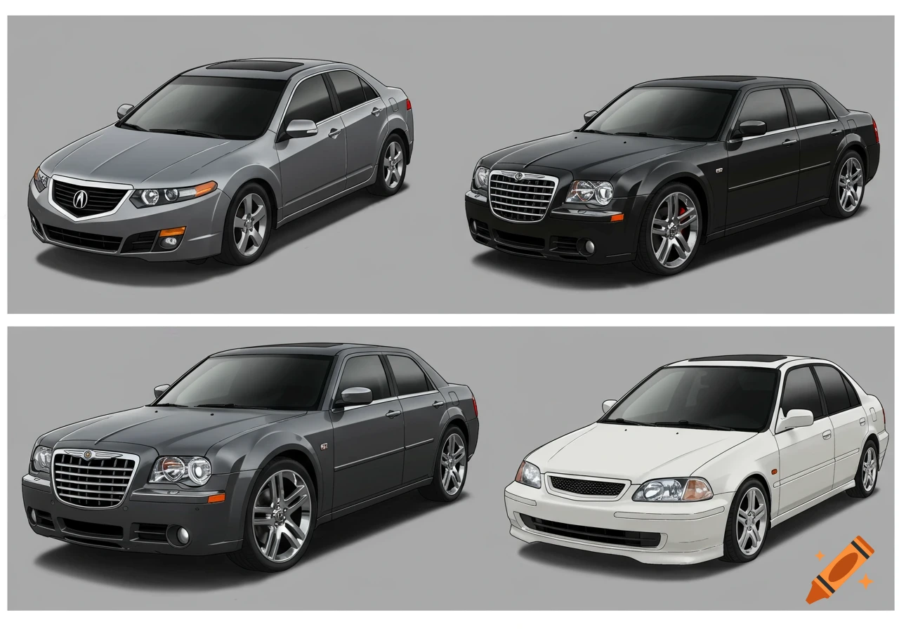 Four cars on a grey background: a grey Acura, a black Chrysler, a grey Chrysler, and a white Honda Civic.