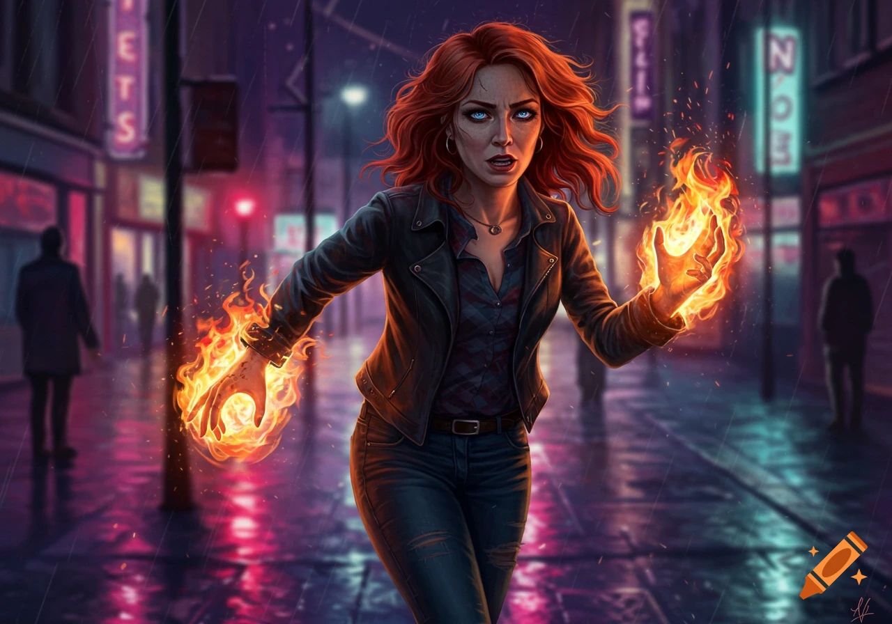 A red-haired woman with glowing blue eyes and fire in her hands walks down a rainy city street at night, illuminated by neon signs.