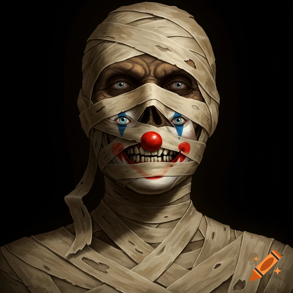 A frightening creature with bandages wrapped around its head like a mummy, but with a clown's eyes, nose, and mouth painted on.