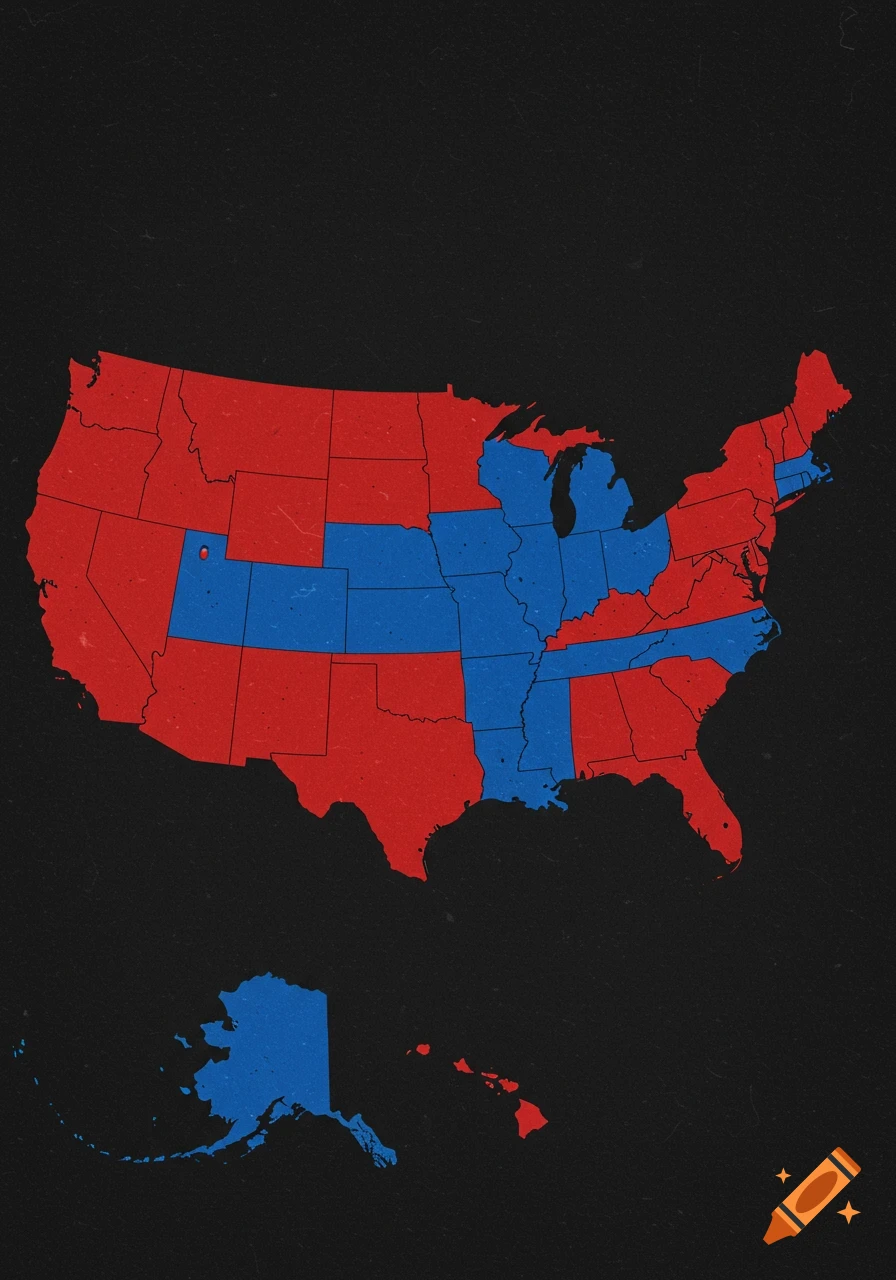 Map of the United States with states colored red and blue, forming horizontal and vertical bands across the country.