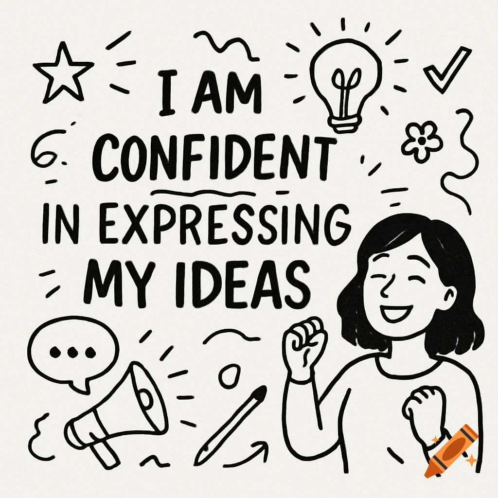 Sketchnote illustration of a smiling woman with text 'I am confident in expressing my ideas' and symbols of ideas and communication.