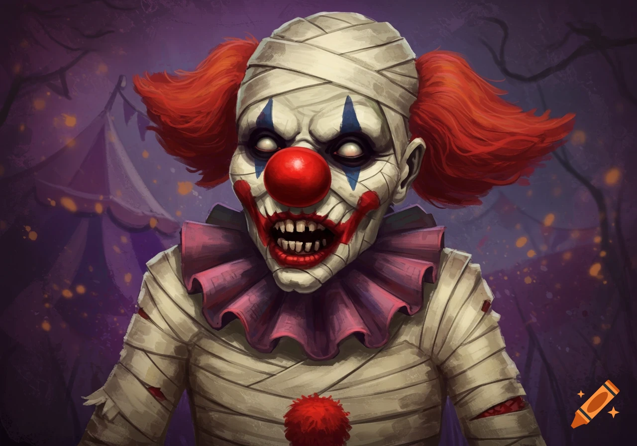 A creepy clown dressed as a mummy with red hair, a red nose, sharp teeth, and glowing eyes against a dark carnival background.
