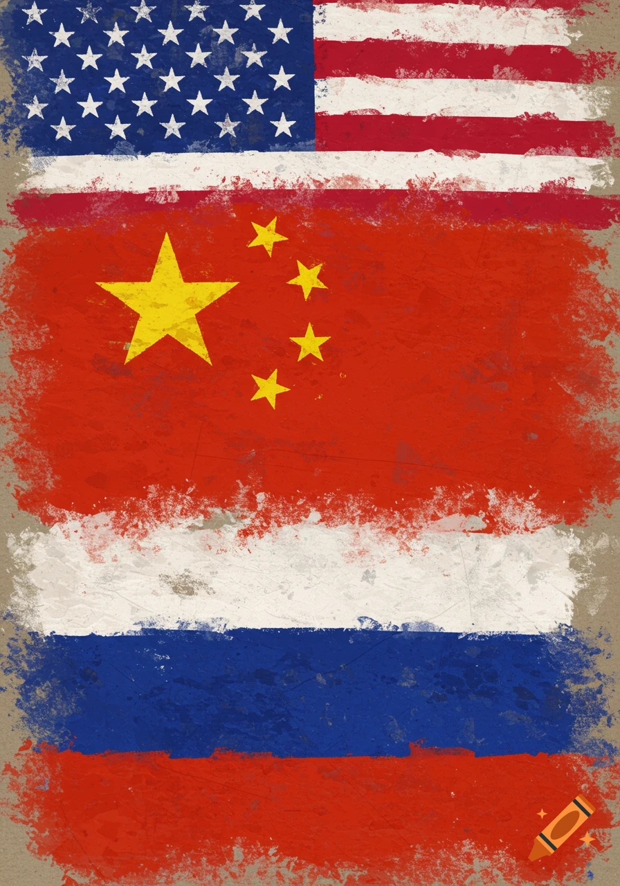Painted flags of the USA, China, and Russia stacked vertically in a distressed, grunge style.