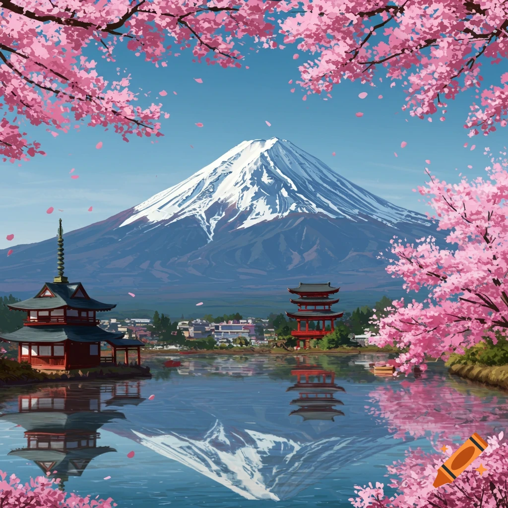 Vibrant painted landscape of Mount Fuji reflected in a lake, framed by pink cherry blossoms and traditional Japanese temples.