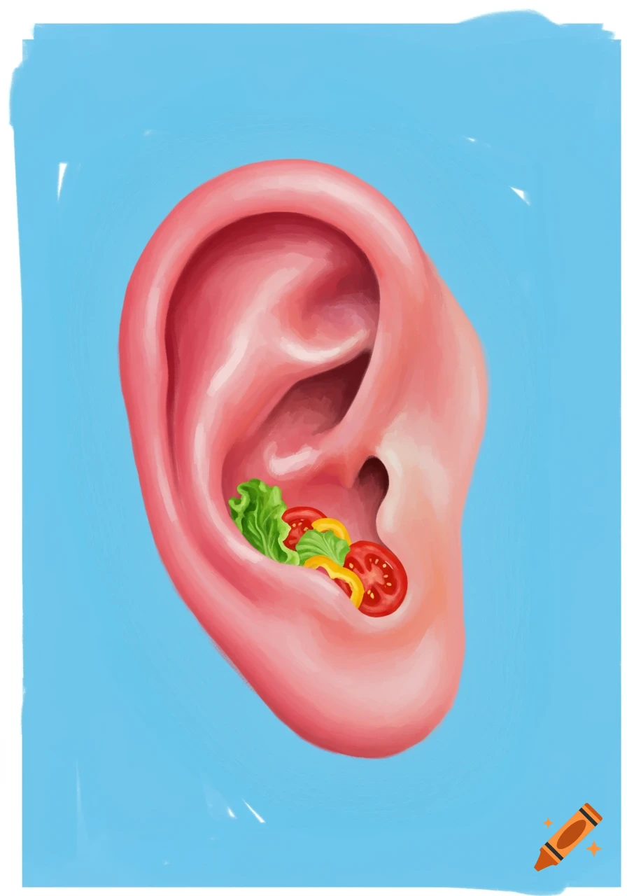 A surreal digital painting of a large pink human ear filled with a small salad of lettuce, tomato, and bell pepper against a light blue background.