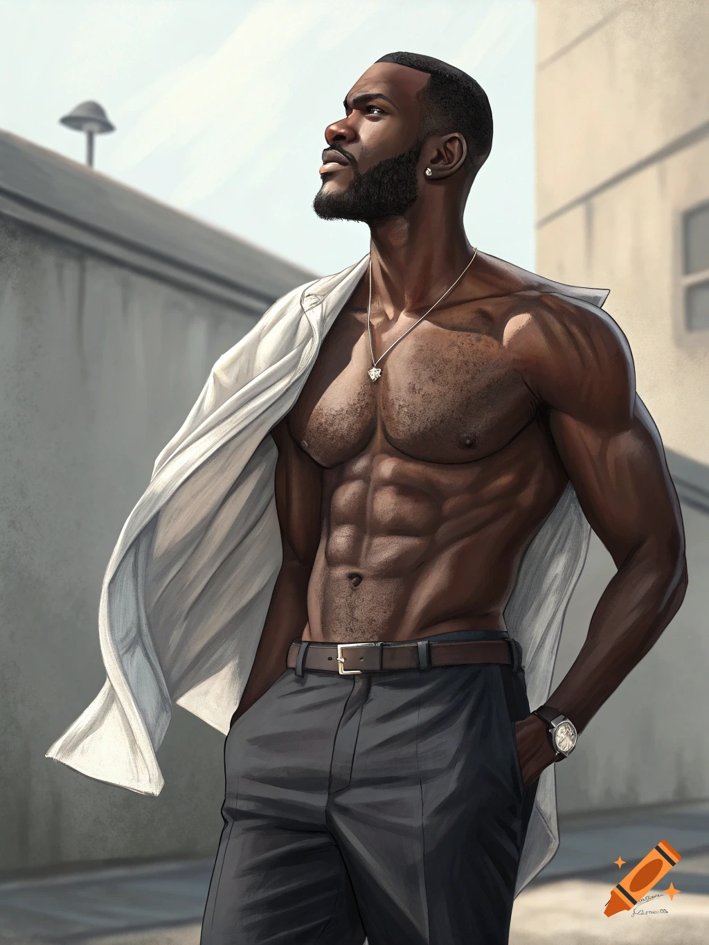 Photorealistic digital painting of a muscular Black man with an open white shirt over his bare chest, looking upward.