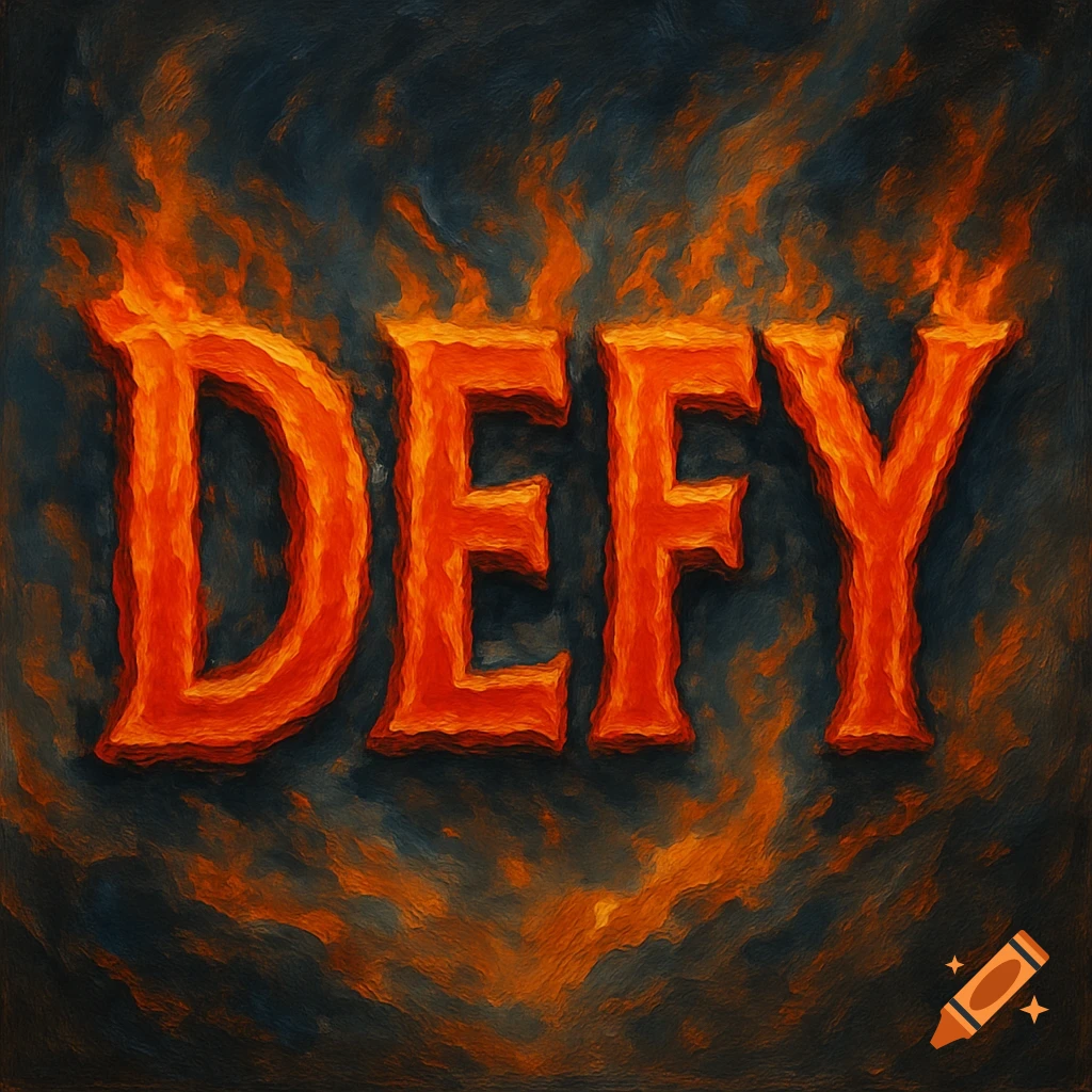 Fiery orange and red text spells out DEFY against a dark, textured background in a painterly style.