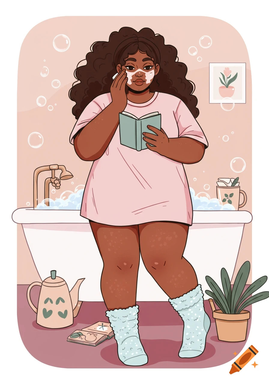 A cartoon illustration of a plus-size woman with curly hair applying a face mask, reading a book in a bathroom.
