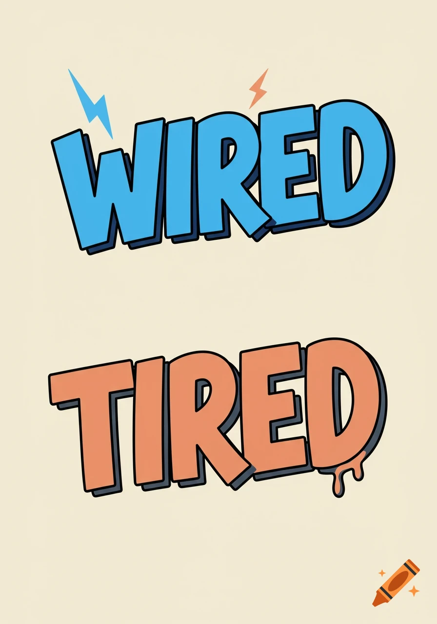 Stylized words 'WIRED' in blue with lightning bolts and 'TIRED' in orange with drips, on a light background.