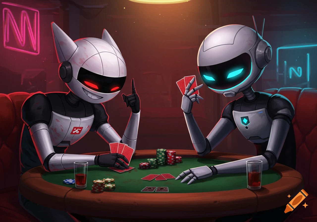 Two stylized robots play poker at a green table, surrounded by chips and cards, in a dimly lit room with neon lights.