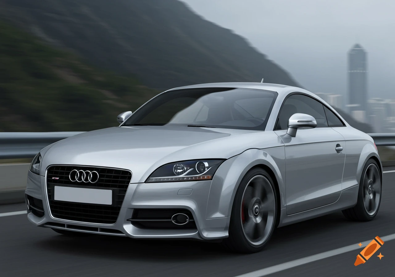 A silver Audi TT sports car drives on a road with mountains and a city in the background.