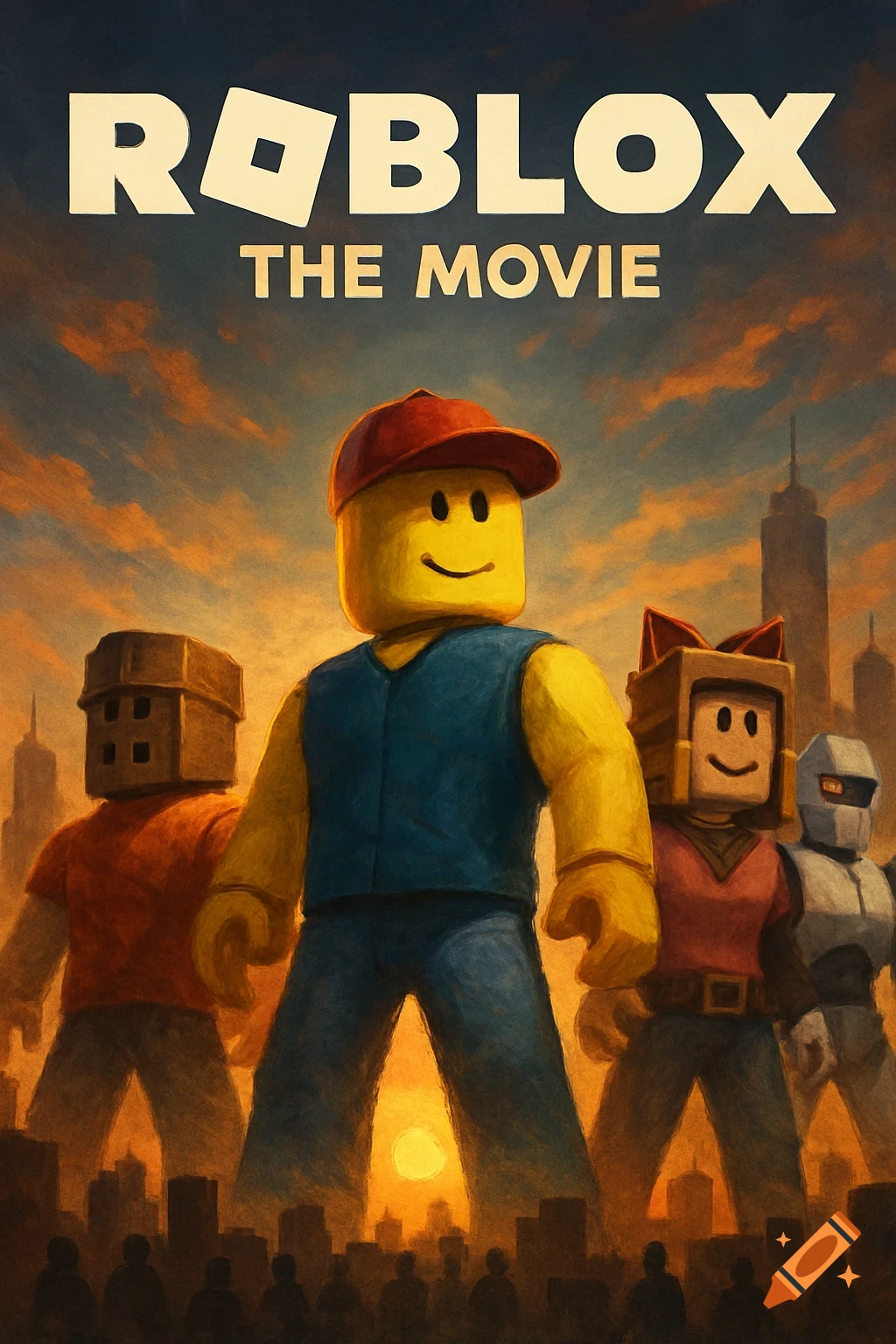Movie poster for Roblox, featuring blocky characters in a city at sunset with the title 'ROBLOX THE MOVIE'.