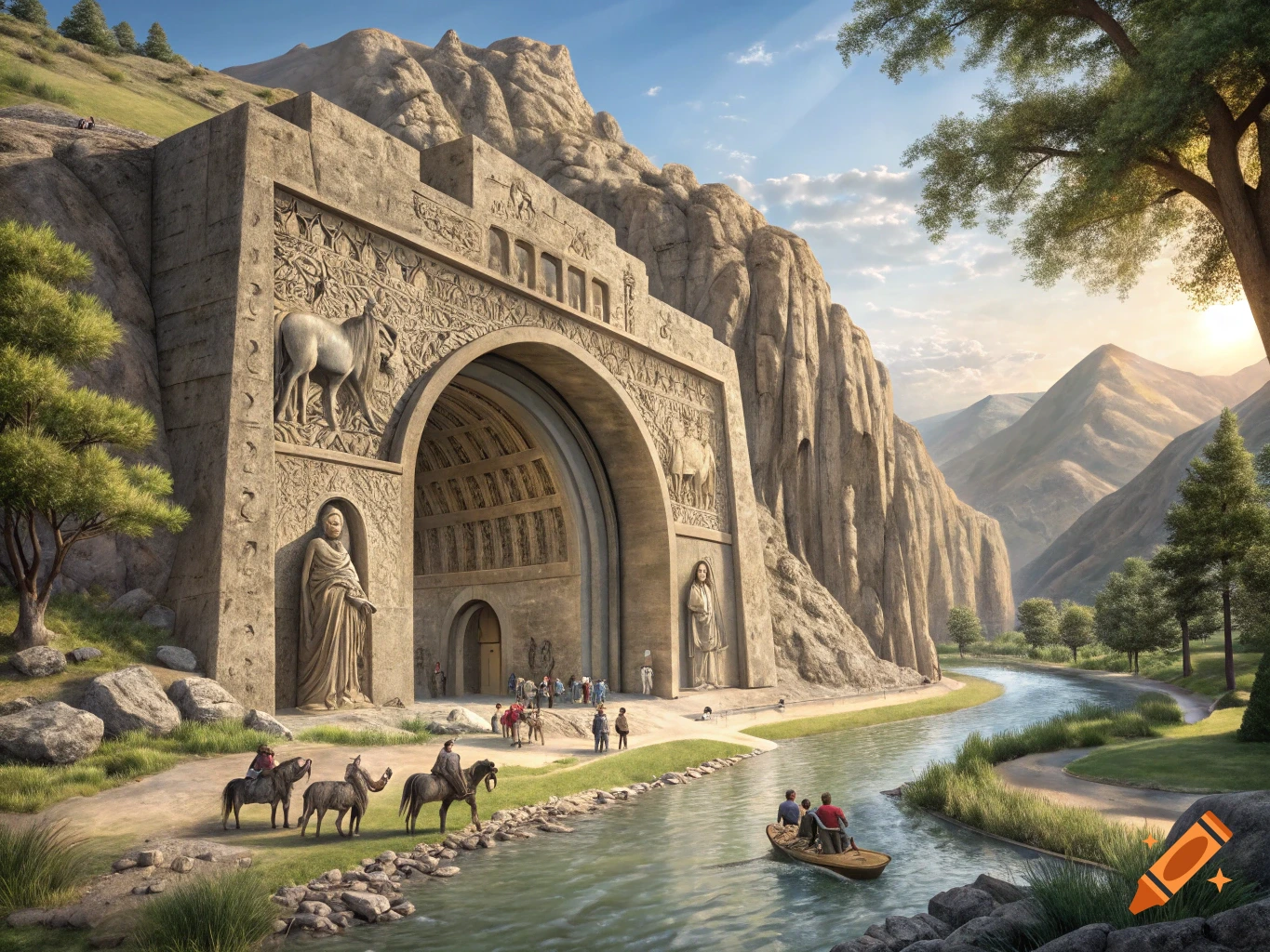 A detailed historical reconstruction of the Taq Bostan arch carved into a mountain, with people and horses by a river.