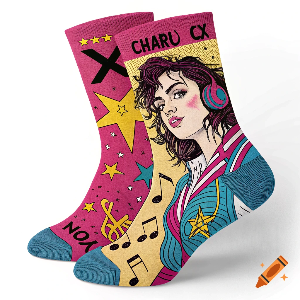 A pair of pink socks with pop art illustrations. One sock features a woman with headphones, musical notes, and "CHARU CX" text. The other has stars and "YON" text.