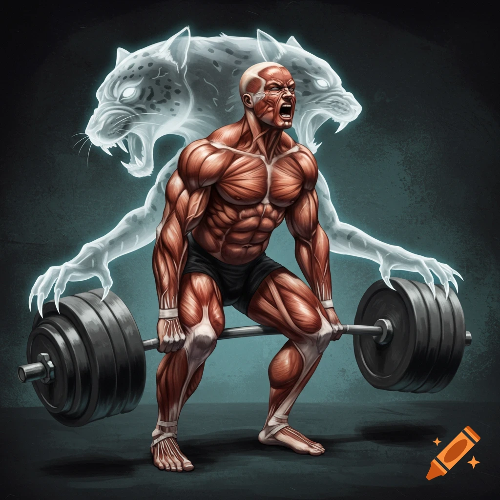 Muscular man with exposed muscles deadlifting, with two glowing spectral jaguars roaring behind him, in an illustration style.
