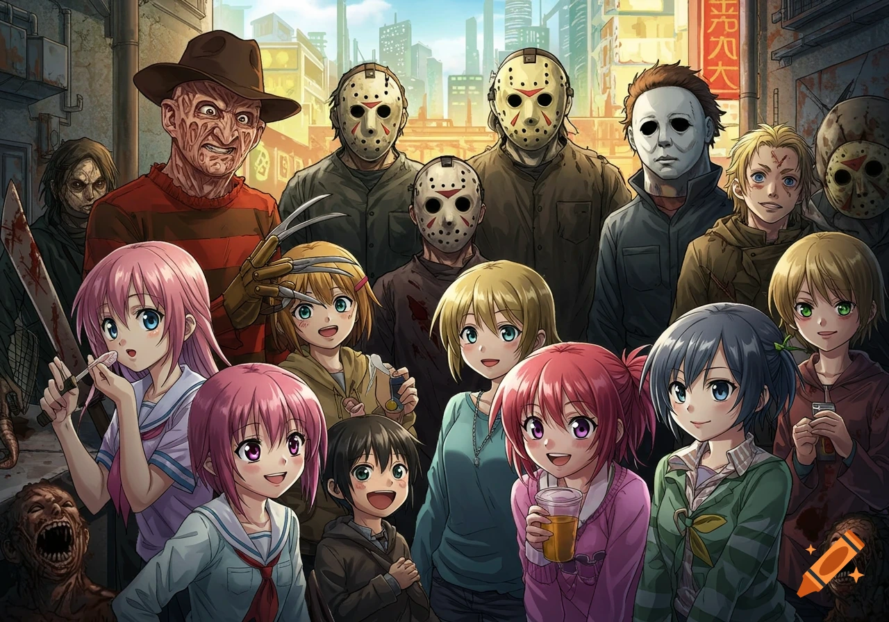 A diverse group of anime characters pose with horror icons like Freddy Krueger, Jason Voorhees, and Michael Myers in an urban setting, drawn in a colorful cartoon style.