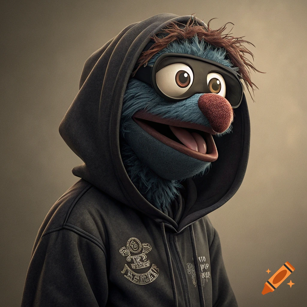 A blue muppet-like character with a red nose and large eyes wears a dark hoodie and goggles, styled photorealistically.