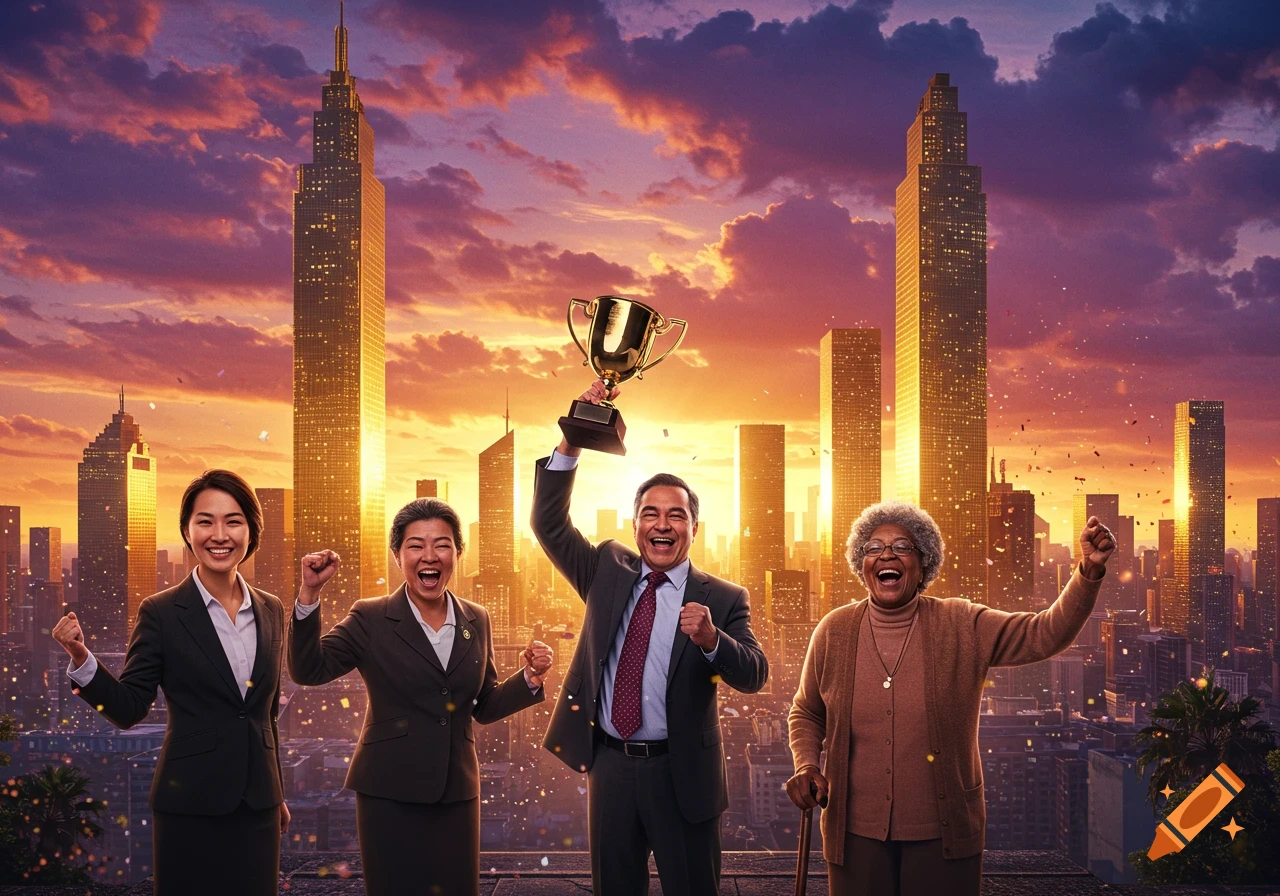 Four diverse individuals celebrate a success, with one man holding a trophy, against a golden city skyline at sunset.