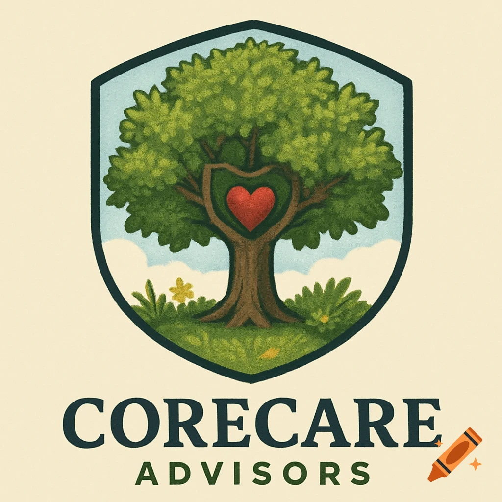 A health insurance logo with a green tree featuring a heart in its trunk inside a shield emblem, with 'CoreCare Advisors' text below.