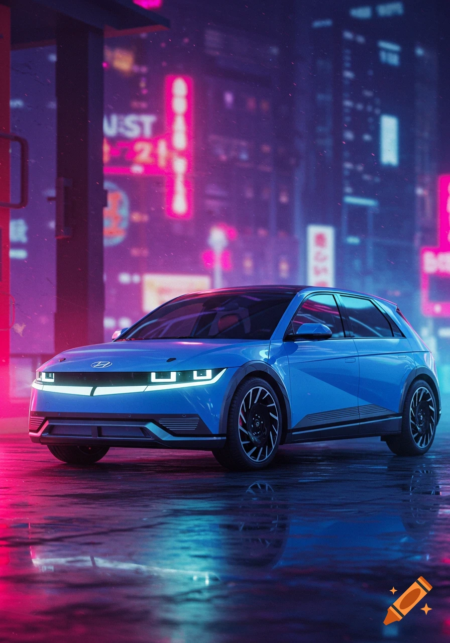 A blue futuristic car on a wet street at night, with neon-lit buildings reflecting in the water of a cyberpunk city.