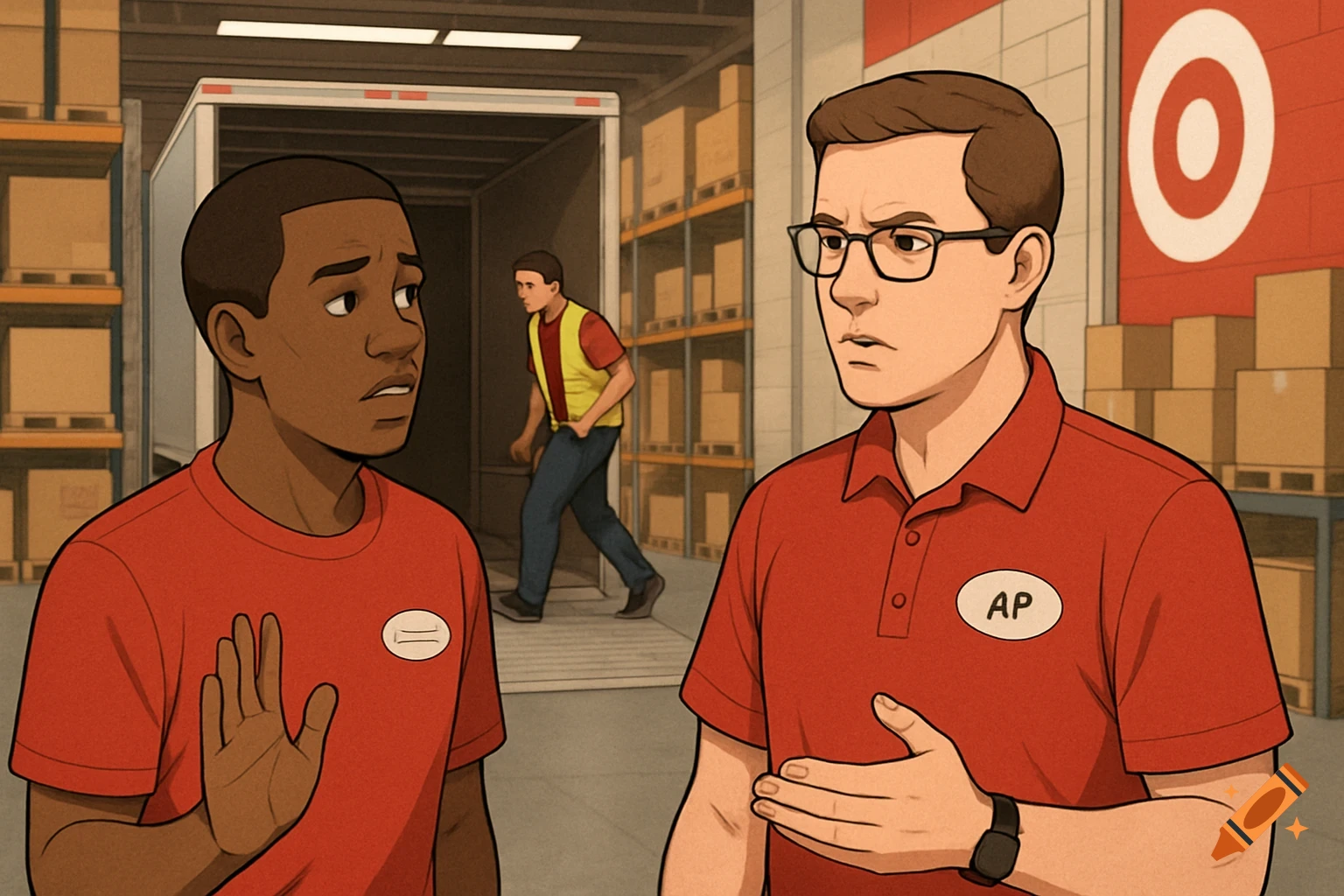 Two men in red shirts with badges talk in a cartoon style inside a Target warehouse, with another man walking out of a truck in the background.