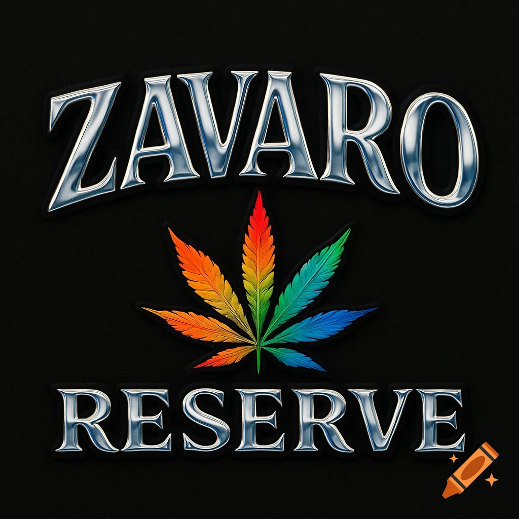 A logo featuring chrome text 'ZAVARO' above a rainbow-colored cannabis leaf, with 'RESERVE' in chrome text below, all on a black background.