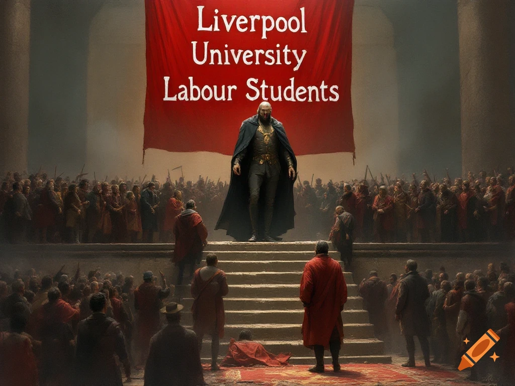 A man in a cape stands on steps before a large crowd, with a red banner overhead reading 'Liverpool University Labour Students'.