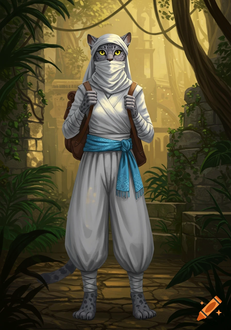 A veiled Catfolk woman in white robes and a blue sash stands with a backpack in a mystical jungle city, rendered in soft fantasy digital art.