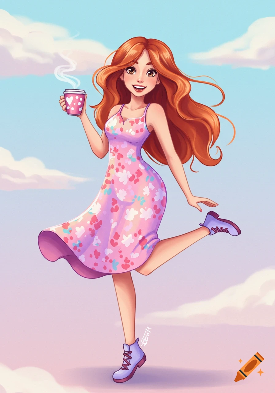 A smiling cartoon woman with long red hair, wearing a pink floral dress and purple boots, holding a steaming coffee cup while lifting one leg against a cloudy sky background.
