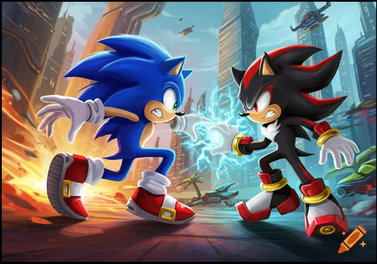 Sonic and Shadow the Hedgehog face off with electric power in a futuristic city. Illustrated cartoon style.