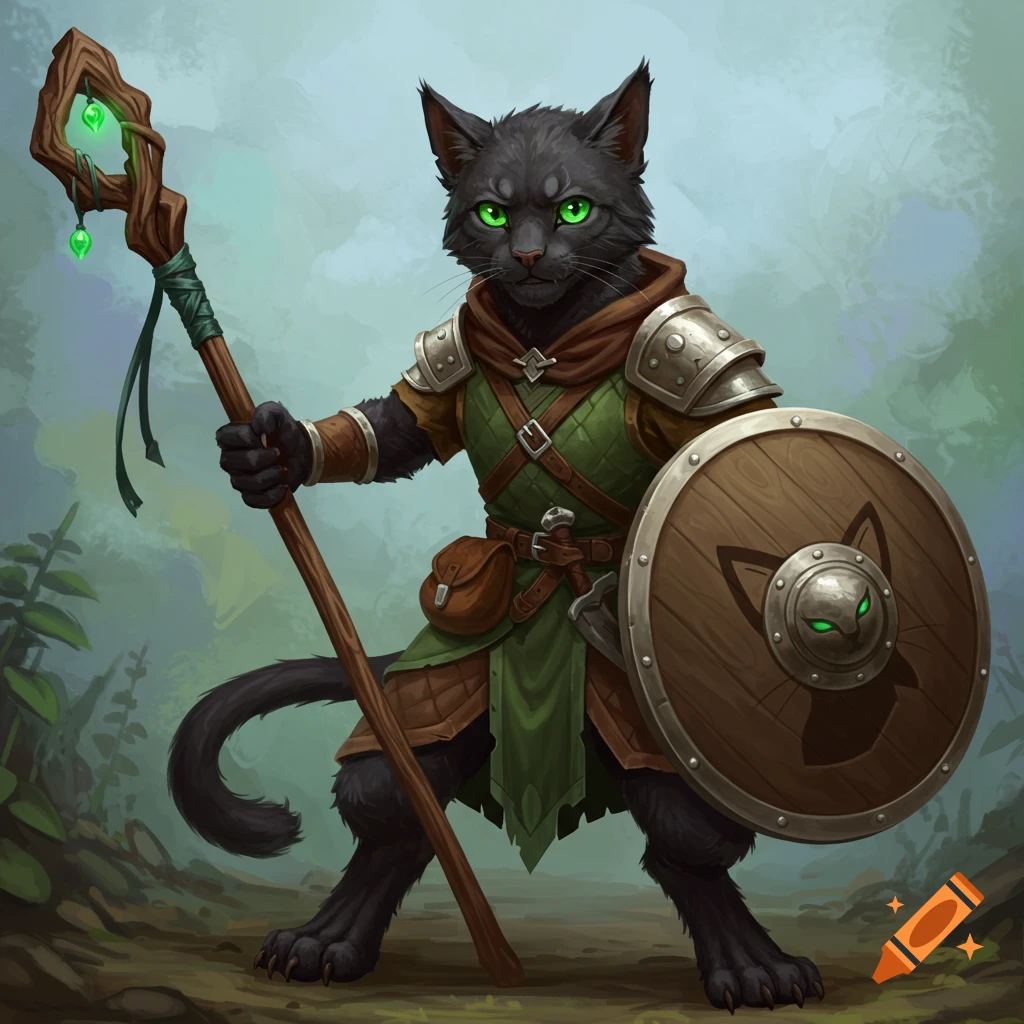 A black tabaxi with green eyes, wearing green and brown armor, holding a quarterstaff and a wooden shield with a cat emblem.