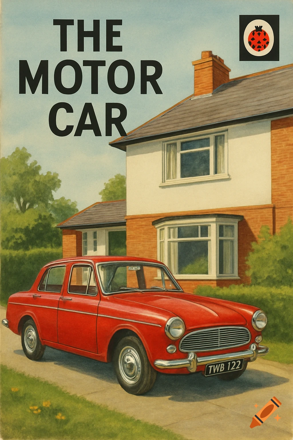 A red vintage car parked on a driveway in front of a house, in the style of a classic illustrated book cover titled 'THE MOTOR CAR'.