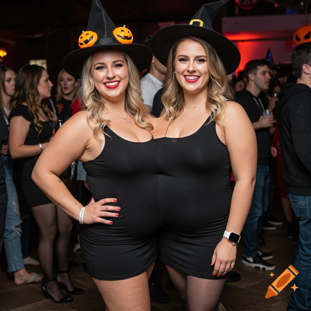 Two women in witch hats and black dresses at a Halloween party, creating the illusion of conjoined figures.