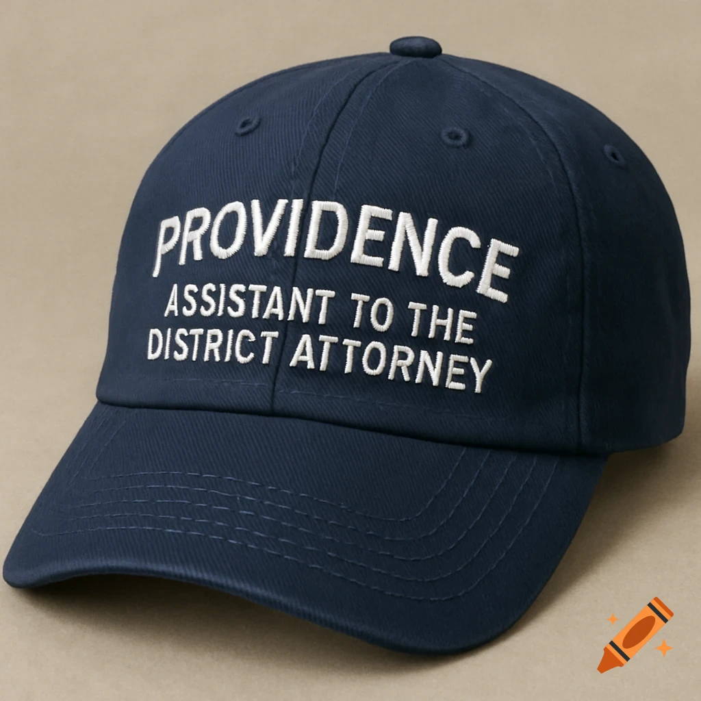 A photorealistic image of a dark blue baseball cap with white embroidered text reading 'Providence Assistant to the District Attorney'.