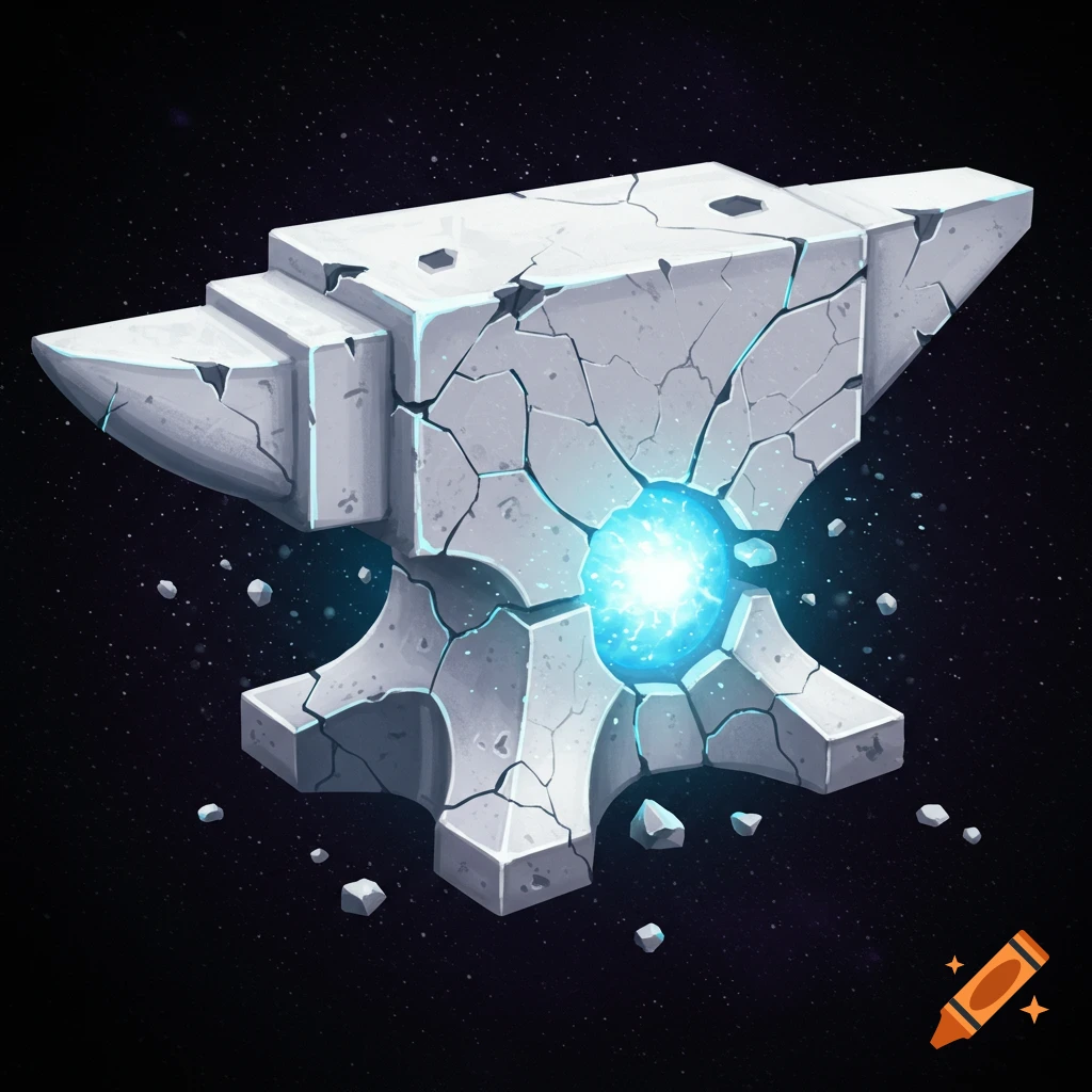 A large, stylized white anvil is cracked open at its center, revealing a glowing blue orb, against a dark starry background.