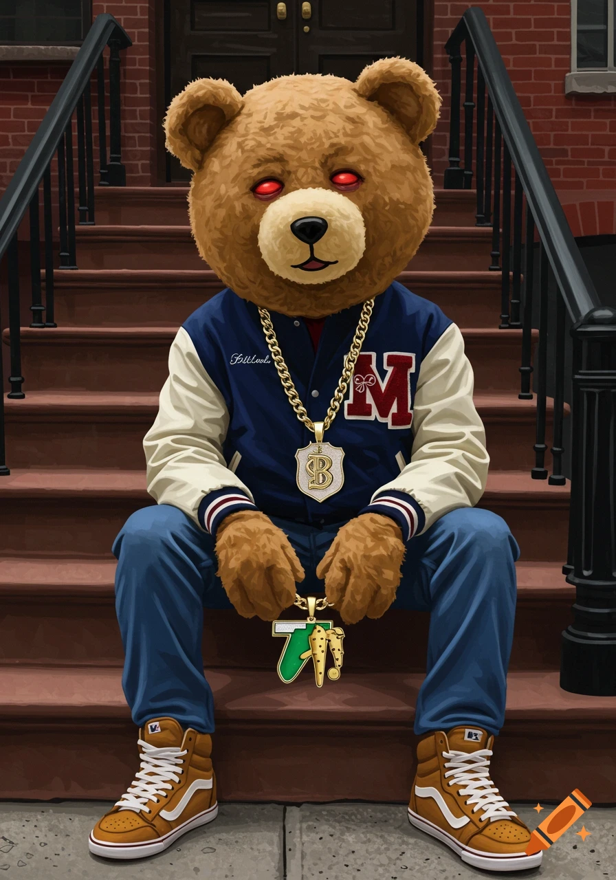 A teddy bear mascot in a letterman jacket, jeans, and sneakers sits on brown steps, wearing a gold chain with charms. Its eyes are red.
