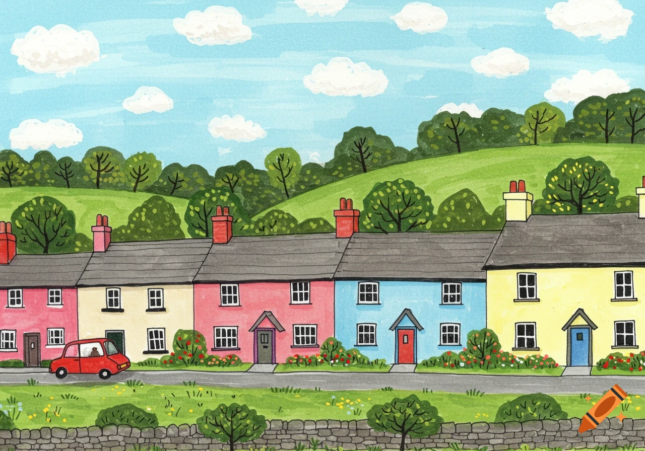 A whimsical watercolor painting of colorful cottages in a village with hills and a red car.