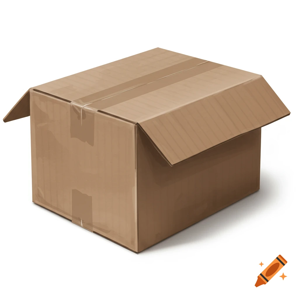 A brown cardboard box with its top flaps open, taped shut, casting a shadow on a white background.