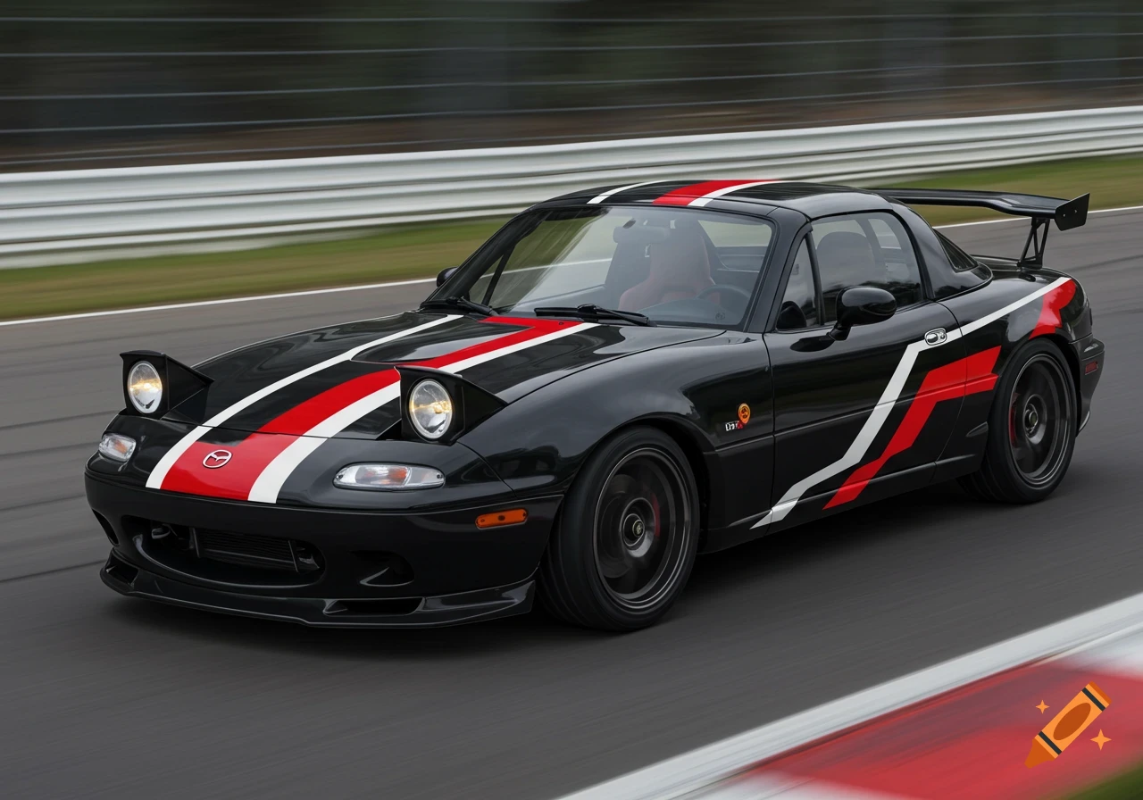 A black Mazda Miata with red and white racing stripes on a track, captured in a dynamic, photorealistic style.