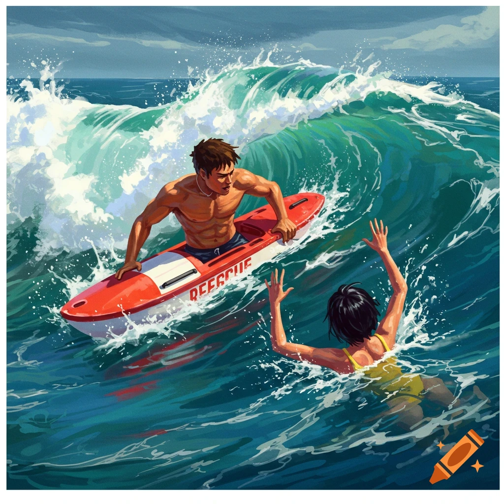 An illustration of a muscular lifeguard on a red rescue board reaching out to a person in a yellow swimsuit struggling in large ocean waves.