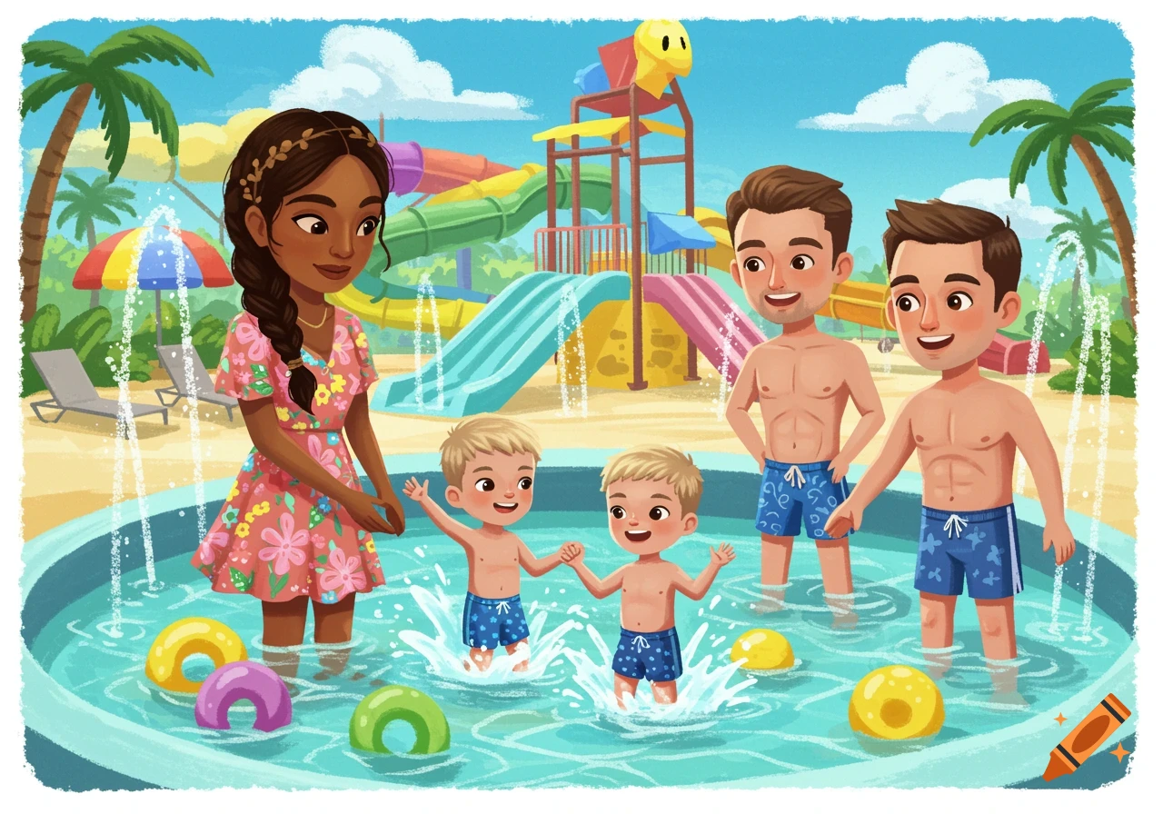 A cartoon illustration of a diverse family with a mother, two fathers, and two twin boys splashing in a pool at a water park.