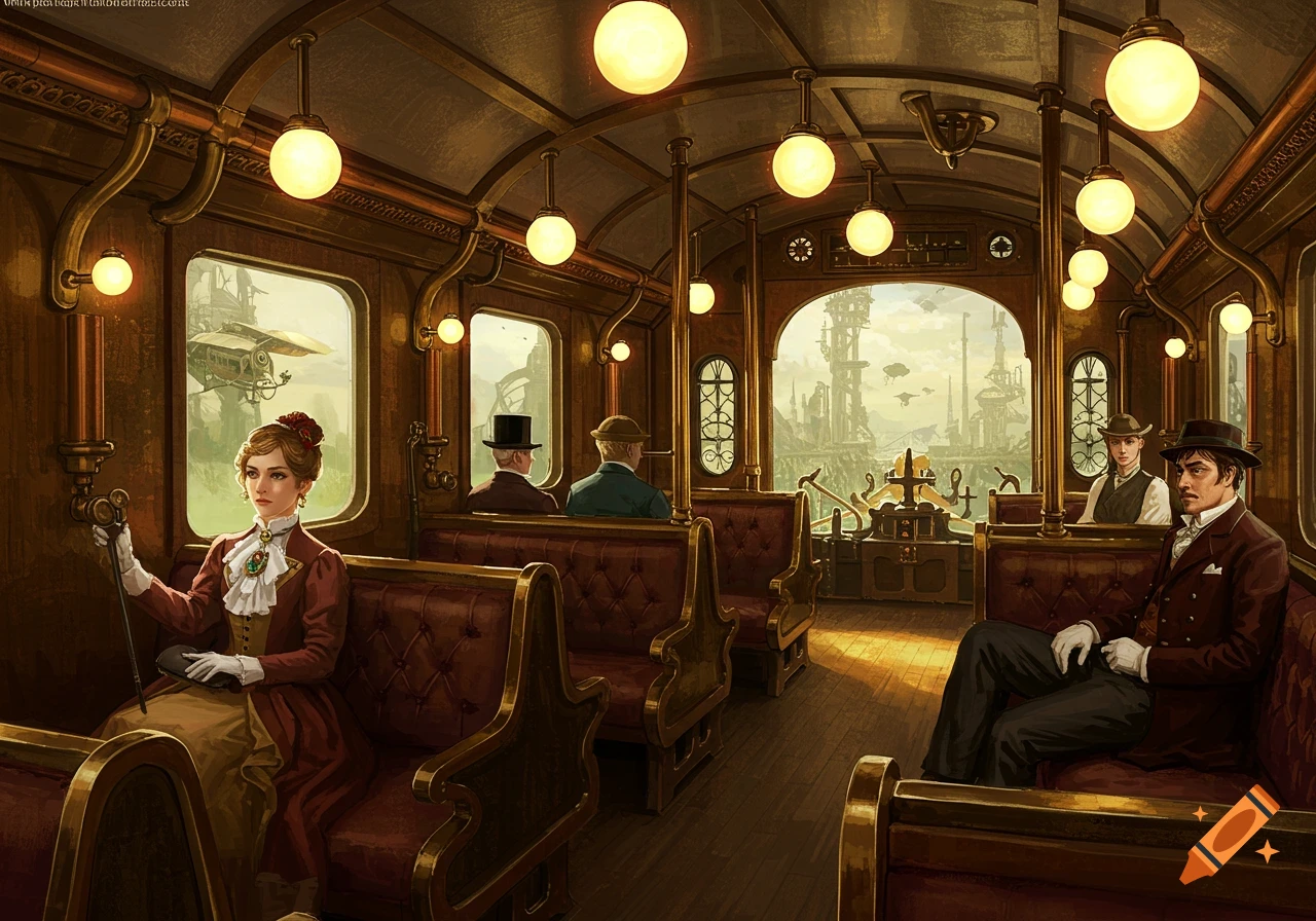 Steampunk train interior with passengers in Victorian attire, viewing a futuristic industrial city from windows.