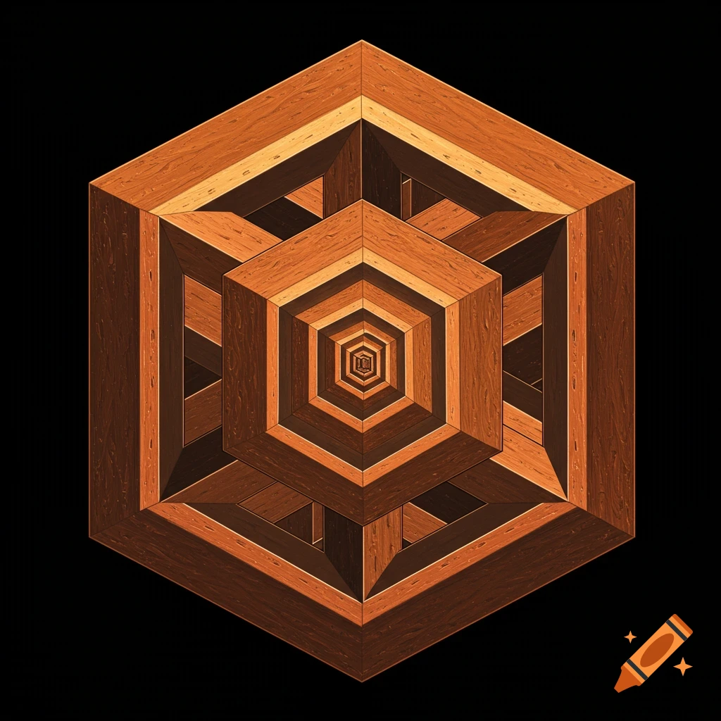 An optical illusion featuring nested hexagonal shapes with wood grain texture, creating an infinite tunnel effect on a black background.