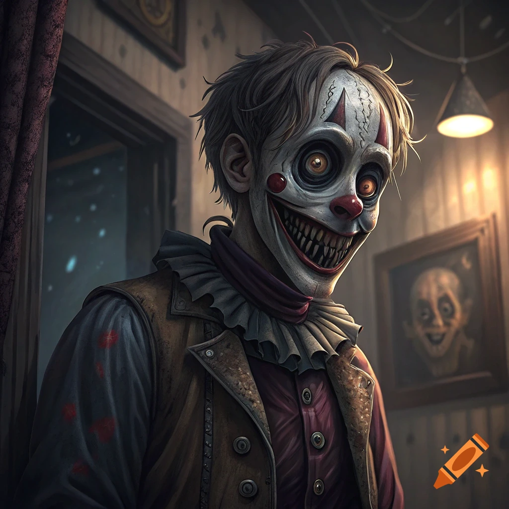 A creepy clown with a cracked white face, large wide eyes, and sharp jagged teeth smiles menacingly, wearing a ruffled collar and a brown vest in a dimly lit room.