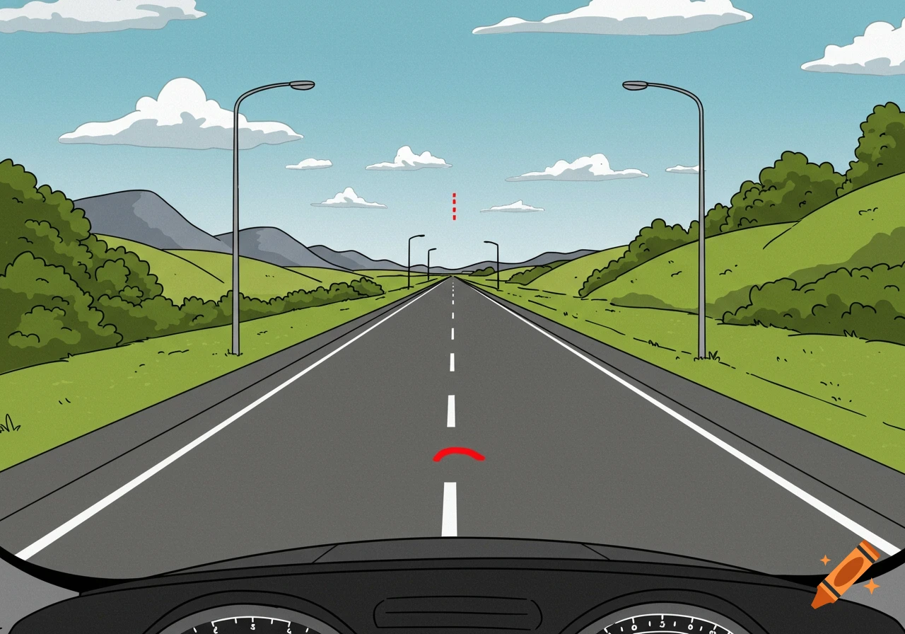 A cartoonish vector image of an empty three-lane highway stretching into the distance through a green, hilly countryside under a blue sky with clouds, viewed from a car's dashboard.