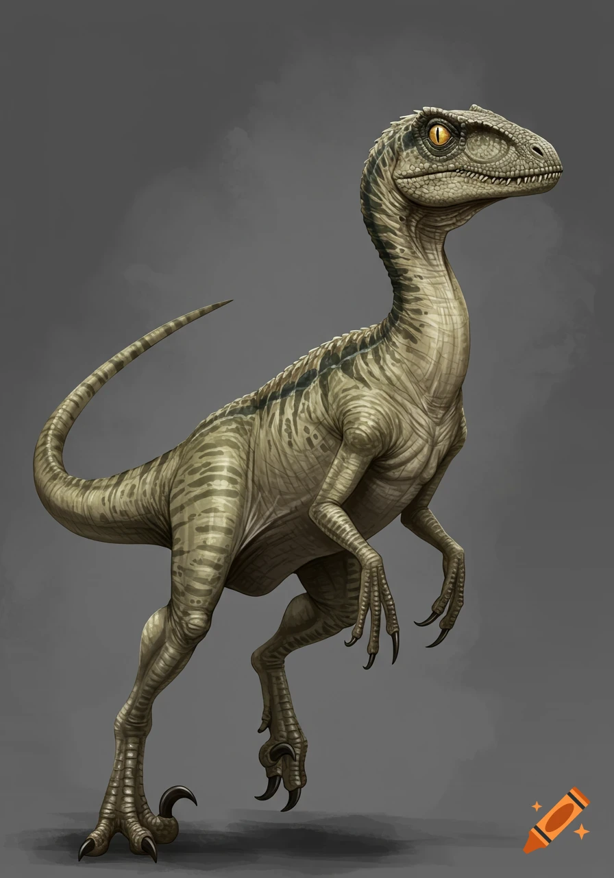 A detailed illustration of a muscular, slender velociraptor with prominent claws and subtle crests on its head, on a grey background.