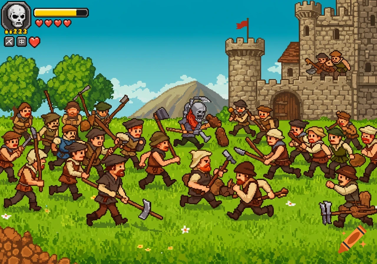 Pixel art scene of peasants fighting a skeleton near a castle, with game UI elements.