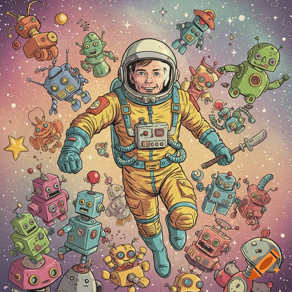 A retro style astronaut floats in starry space, surrounded by a multitude of colorful toy robots in a vibrant cartoon illustration.